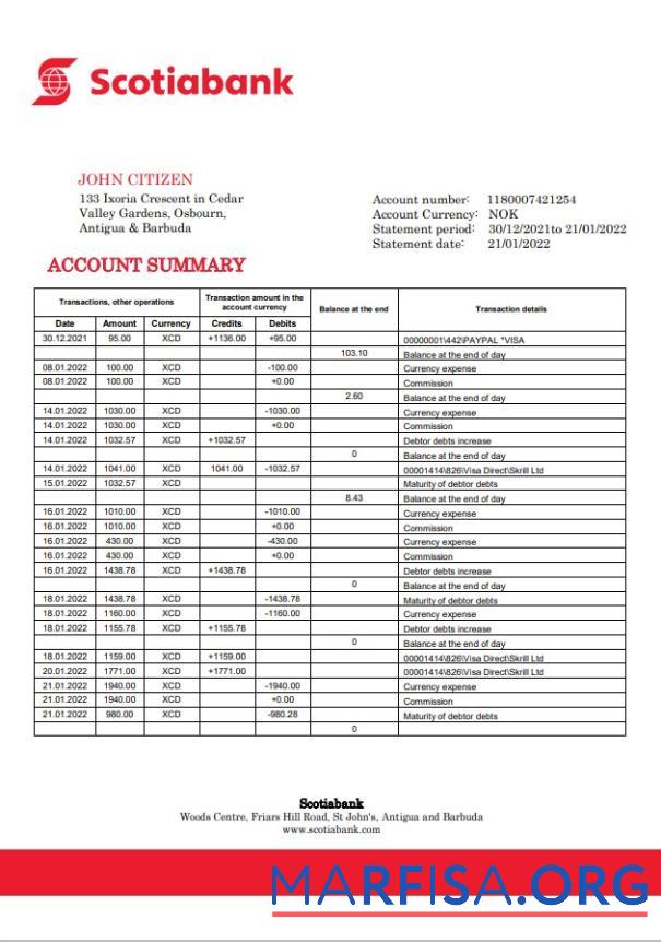 Downloadable Antigua and Barbuda Scotiabank bank statement sample